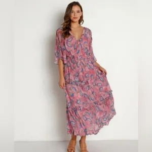 Cleobella NWT Elena Lotus Print Ruffled Trim Tiered Ankle Dress XS