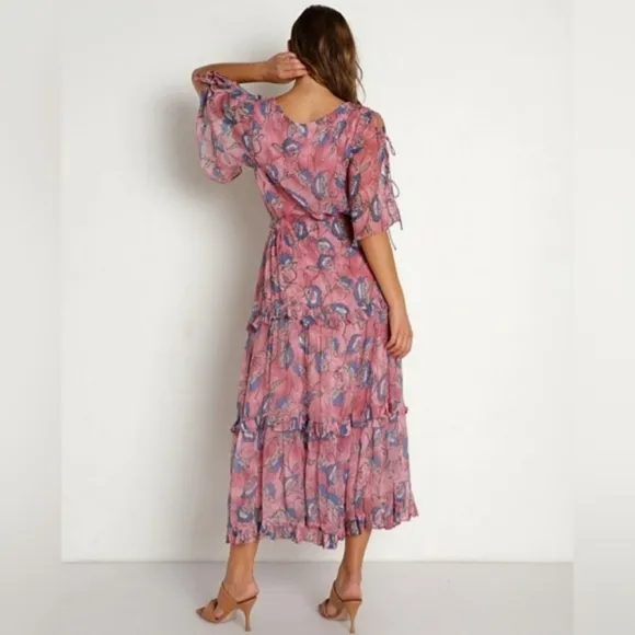 Cleobella NWT Elena Lotus Print Ruffled Trim Tiered Ankle Dress XS