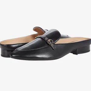 COACH BLACK ALL LEATHER IRENE MULE LOAFER EITH GOLD LOGO &amp; HARDWARE, SIZE 9-B