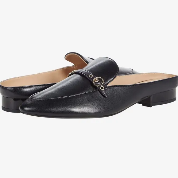 COACH BLACK ALL LEATHER IRENE MULE LOAFER EITH GOLD LOGO &amp; HARDWARE, SIZE 9-B