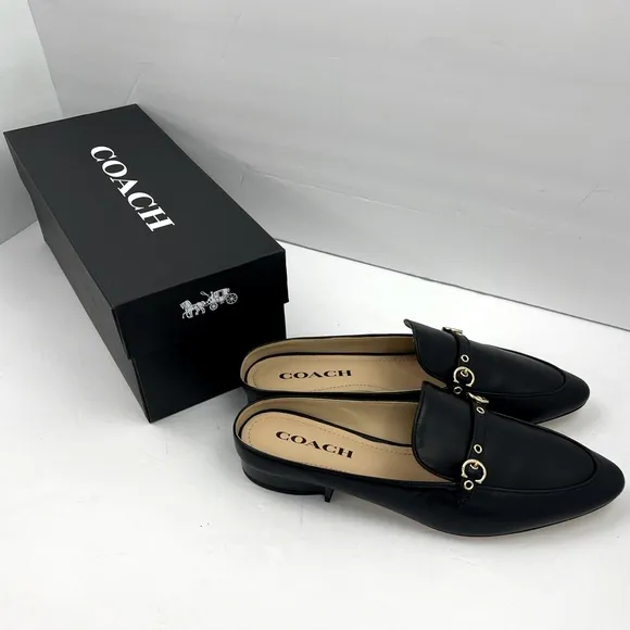 COACH BLACK ALL LEATHER IRENE MULE LOAFER EITH GOLD LOGO &amp; HARDWARE, SIZE 9-B