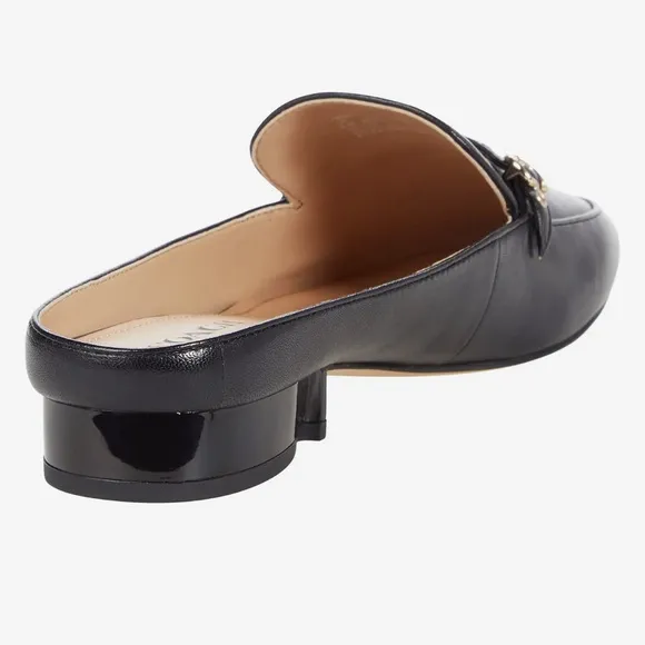 COACH BLACK ALL LEATHER IRENE MULE LOAFER EITH GOLD LOGO &amp; HARDWARE, SIZE 9-B