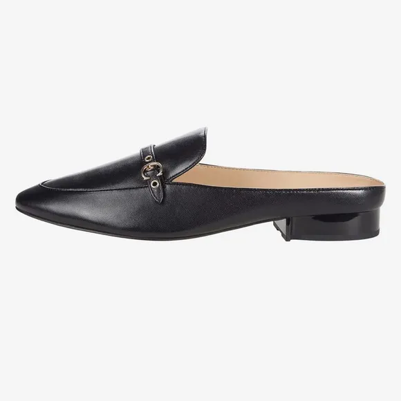 COACH BLACK ALL LEATHER IRENE MULE LOAFER EITH GOLD LOGO &amp; HARDWARE, SIZE 9-B