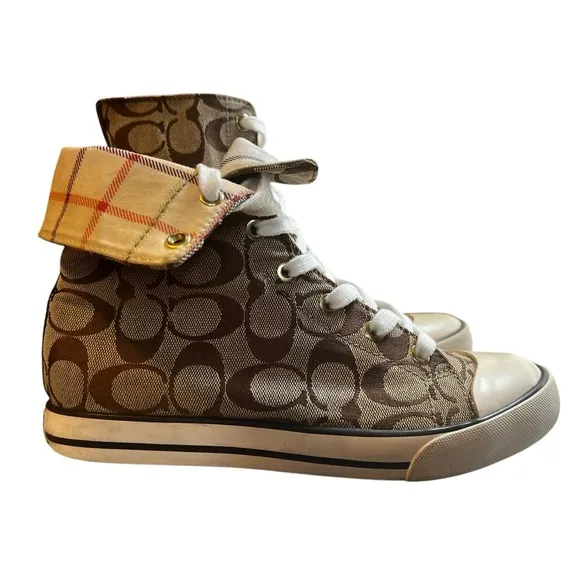 Coach Bonney Signiture Brown and Tan High Top Sneakers Retro Women's Size 6.5M
