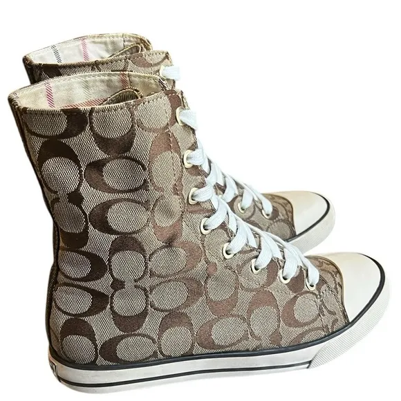 Coach Bonney Signiture Brown and Tan High Top Sneakers Retro Women's Size 6.5M