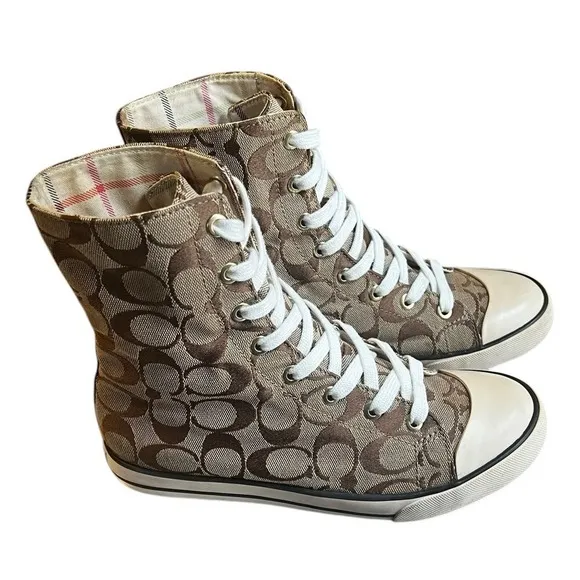 Coach Bonney Signiture Brown and Tan High Top Sneakers Retro Women's Size 6.5M