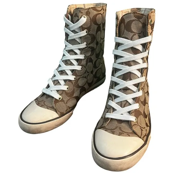 Coach Bonney Signiture Brown and Tan High Top Sneakers Retro Women's Size 6.5M