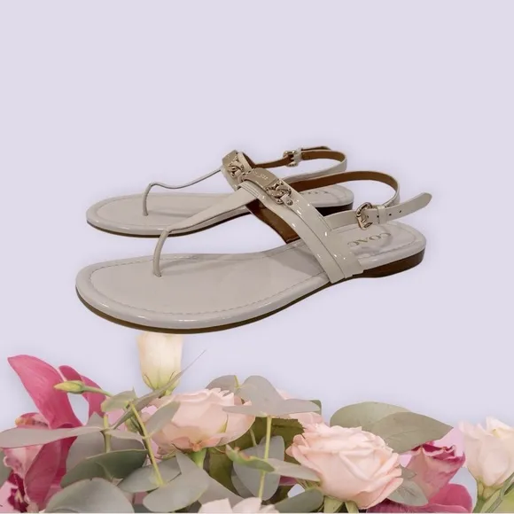 Coach Caterine T-Strap Thong Sandals Ivory patent leather size 9.5 B