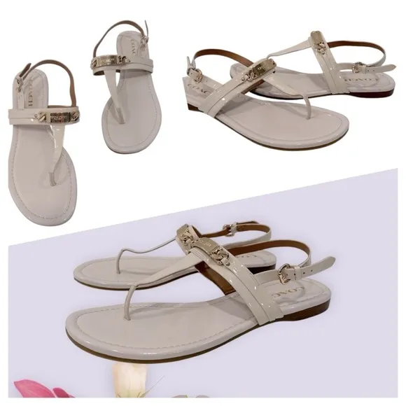 Coach Caterine T-Strap Thong Sandals Ivory patent leather size 9.5 B
