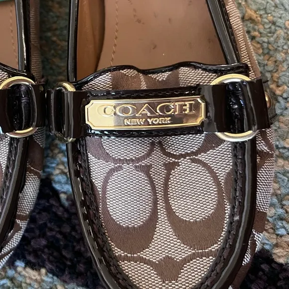 Coach Felisha Signature C Loafers Fabric Patent Leather Tan Black Women's 5.5 B