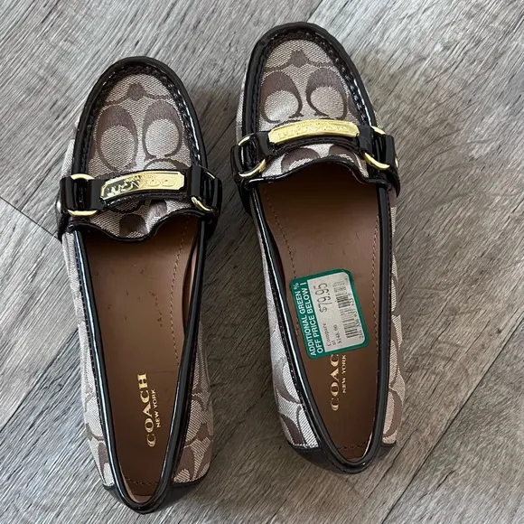 Coach Felisha Signature C Loafers Fabric Patent Leather Tan Black Women's 5.5 B