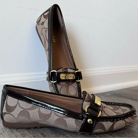Coach Felisha Signature C Loafers Fabric Patent Leather Tan Black Women's 5.5 B