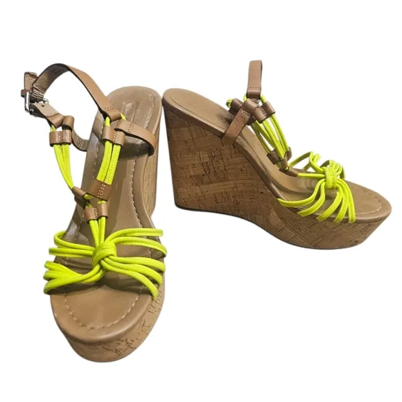 COACH Georgiana T-Strap Wedge Sandals - Sz: 6.5 Neon Yellow