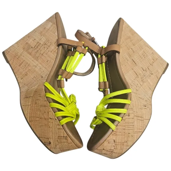 COACH Georgiana T-Strap Wedge Sandals - Sz: 6.5 Neon Yellow