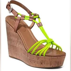 COACH Georgiana T-Strap Wedge Sandals - Sz: 6.5 Neon Yellow