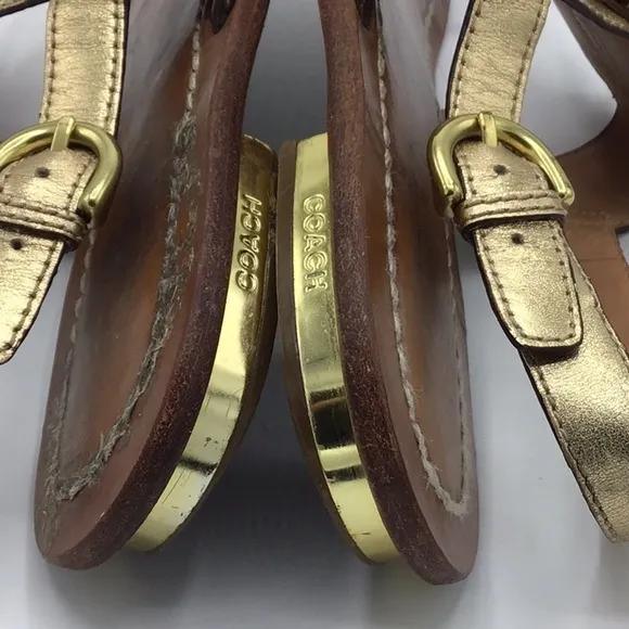 Coach Gold Sari Metallic Flowers Leather Sandals Size 8