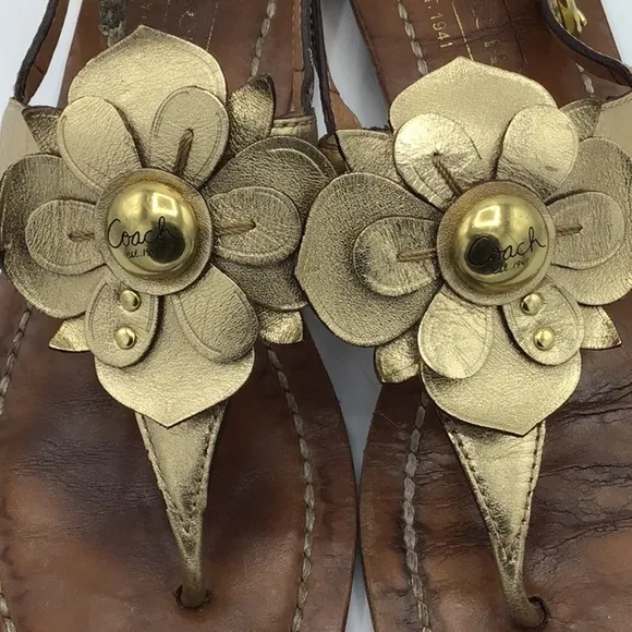 Coach Gold Sari Metallic Flowers Leather Sandals Size 8