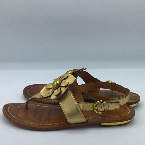 Coach Gold Sari Metallic Flowers Leather Sandals Size 8