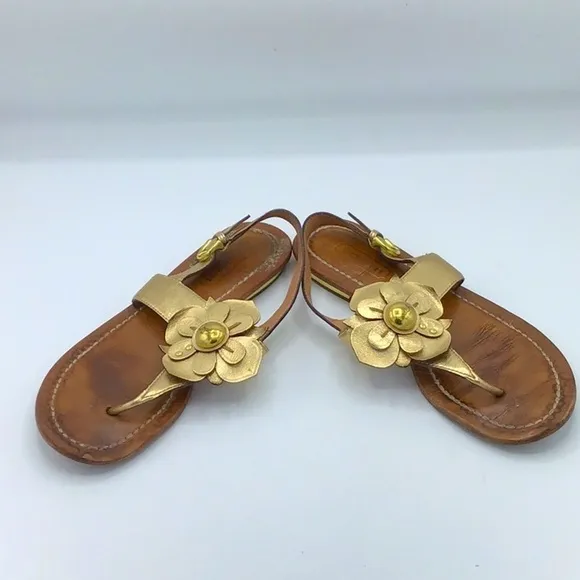 Coach Gold Sari Metallic Flowers Leather Sandals Size 8