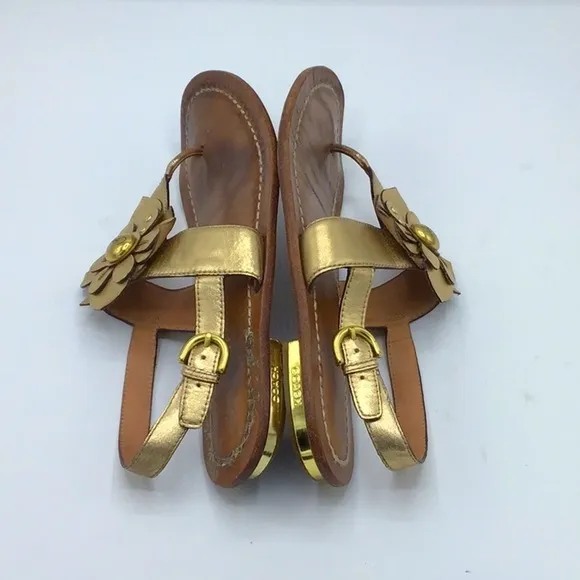 Coach Gold Sari Metallic Flowers Leather Sandals Size 8