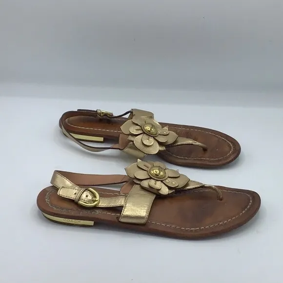 Coach Gold Sari Metallic Flowers Leather Sandals Size 8