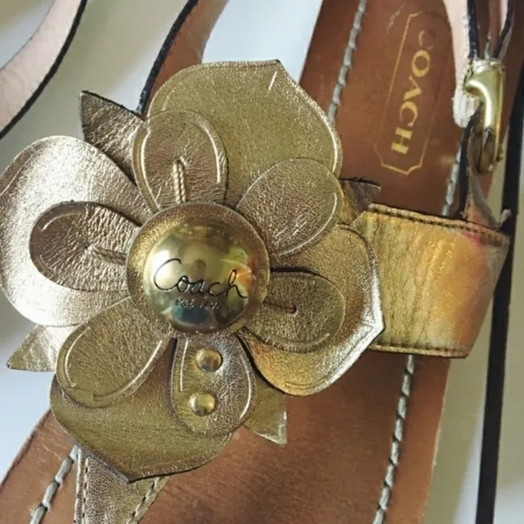 Coach Gold Sari Metallic Flowers Leather Sandals Size 8
