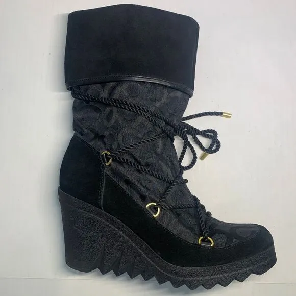 Coach Maisy Black Signature C Lace Up Wedge Boots size 8B