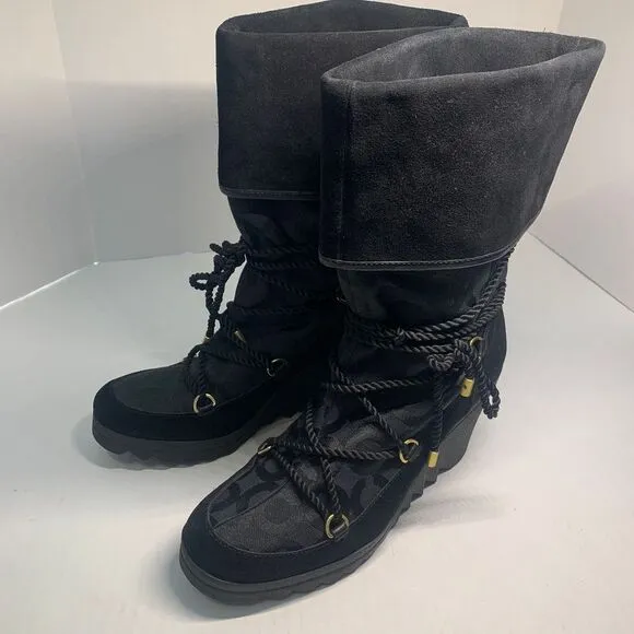 Coach Maisy Black Signature C Lace Up Wedge Boots size 8B
