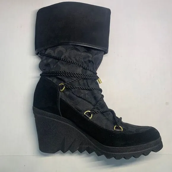 Coach Maisy Black Signature C Lace Up Wedge Boots size 8B