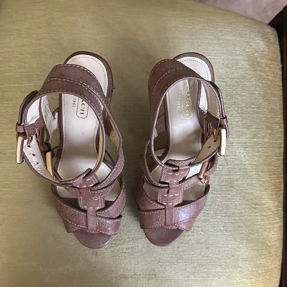Coach Stephanie Platform T Strap Leather Wooden Platform Heel Sandals Size 6.5 B