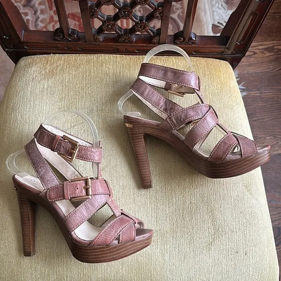 Coach Stephanie Platform T Strap Leather Wooden Platform Heel Sandals Size 6.5 B