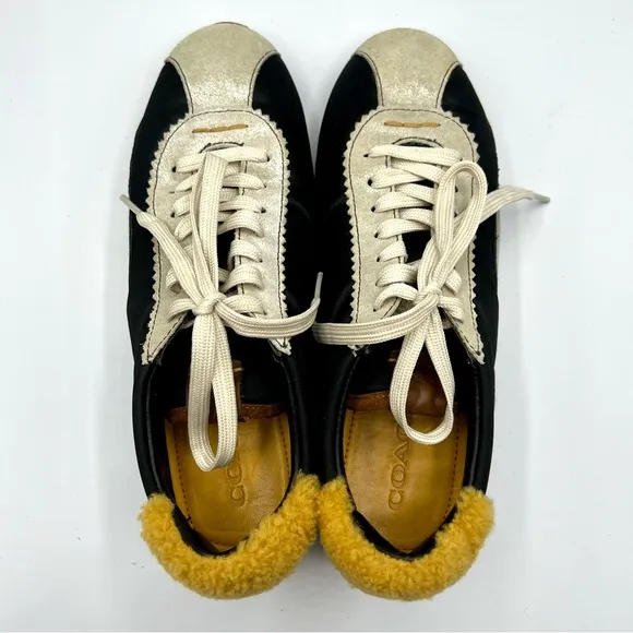Coach Women's fashion sneakers suede shearling black gold size US 8
