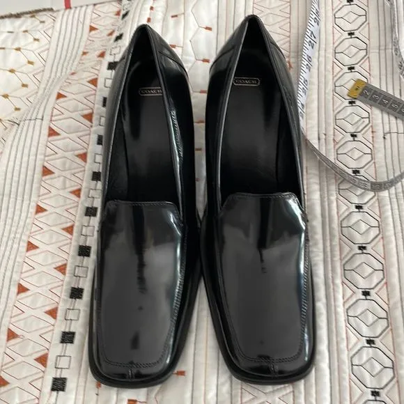 Coach, black patent leather heeled, loafers size 10