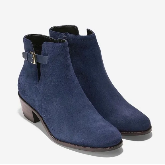 Cole Haan 7 Navy Blue Suede Wilette Buckle Ankle Booties Boots Grand OS