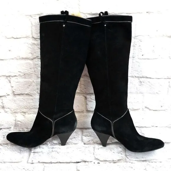 Cole Haan Black Suede Embroidered Heeled Boots