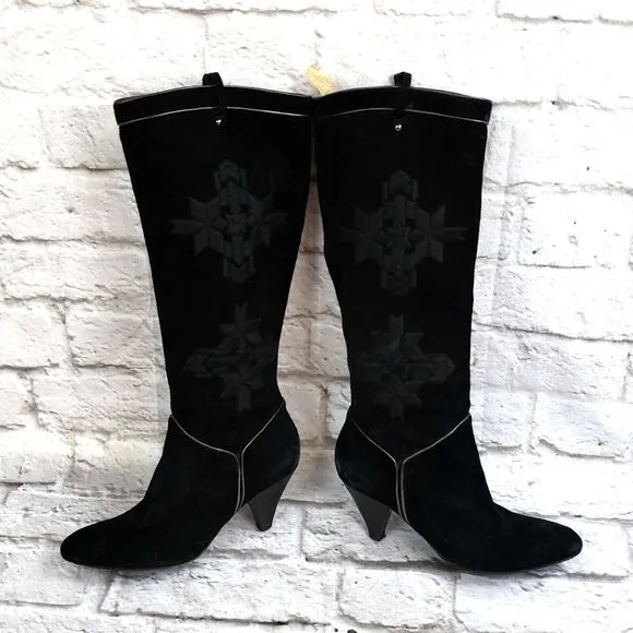 Cole Haan Black Suede Embroidered Heeled Boots
