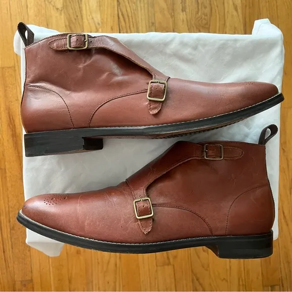 Cole Haan Cambridge Monk Leather Perforated Double Strap Boots Brown Size 11M