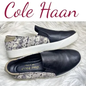 COLE HAAN Grandpro Spectator Black Leather &amp; Snakeskin Slip On Sneakers, 6.5