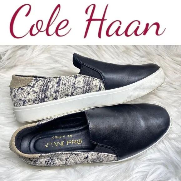 COLE HAAN Grandpro Spectator Black Leather &amp; Snakeskin Slip On Sneakers, 6.5