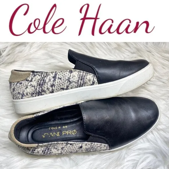 COLE HAAN Grandpro Spectator Black Leather &amp; Snakeskin Slip On Sneakers, 6.5