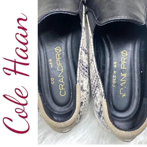 COLE HAAN Grandpro Spectator Black Leather &amp; Snakeskin Slip On Sneakers, 6.5