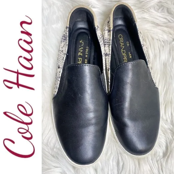 COLE HAAN Grandpro Spectator Black Leather &amp; Snakeskin Slip On Sneakers, 6.5