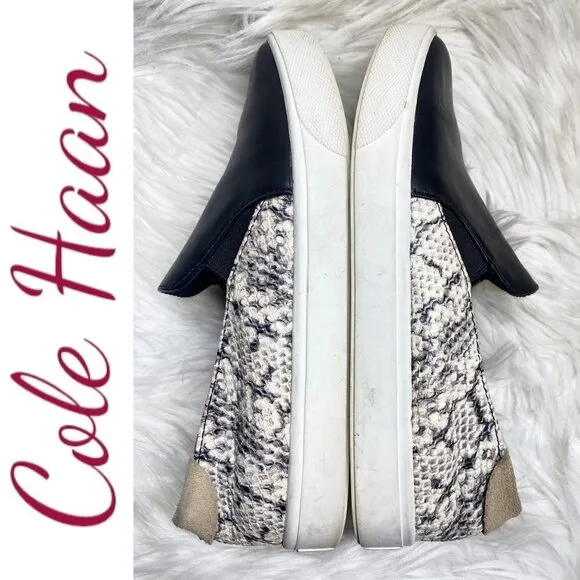 COLE HAAN Grandpro Spectator Black Leather &amp; Snakeskin Slip On Sneakers, 6.5