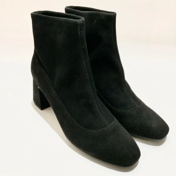 Cole Haan Laree Black Suede Ankle Booties Almond Toe Block Heel Leather Boot 9.5