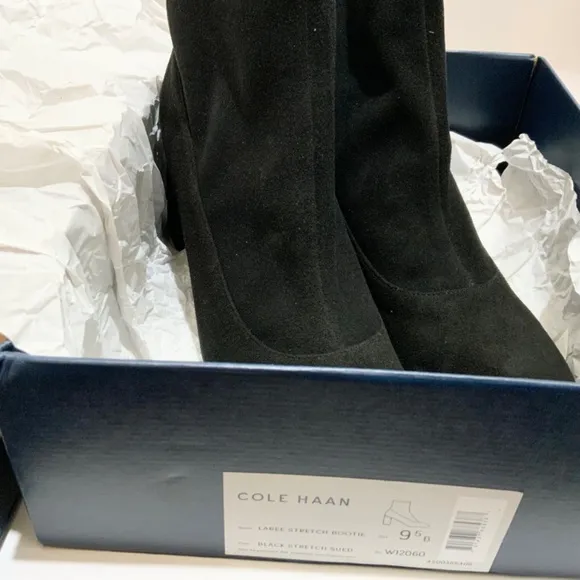 Cole Haan Laree Black Suede Ankle Booties Almond Toe Block Heel Leather Boot 9.5