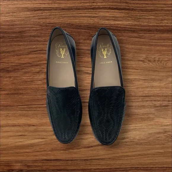COLE HAAN Loafers Leather Pinch Weave Hand Sewn Excellent Black Size 9