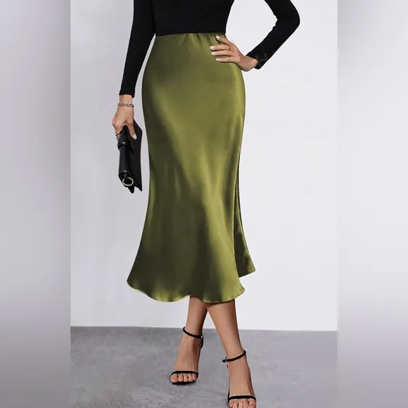 COPY - NWT Satin Skirts Casual Silk Midi Skirt High Waisted Long Skirts Zipper …