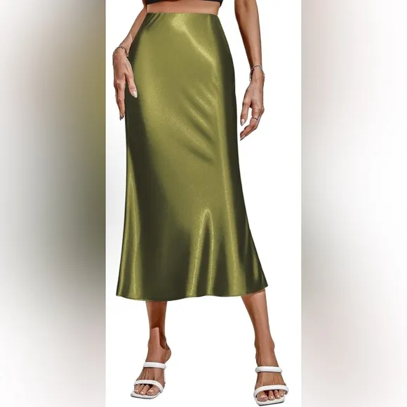 COPY - NWT Satin Skirts Casual Silk Midi Skirt High Waisted Long Skirts Zipper …
