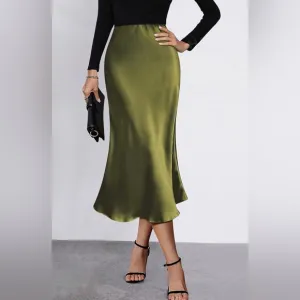 COPY - NWT Satin Skirts Casual Silk Midi Skirt High Waisted Long Skirts Zipper …