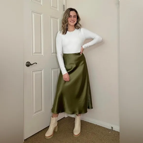 COPY - NWT Satin Skirts Casual Silk Midi Skirt High Waisted Long Skirts Zipper …